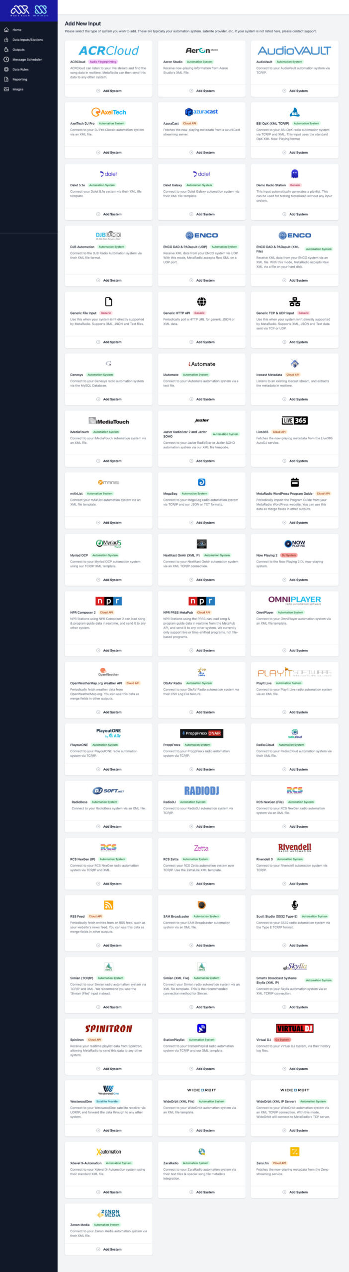 Screenshot of the MetaRadio Input System gallery.